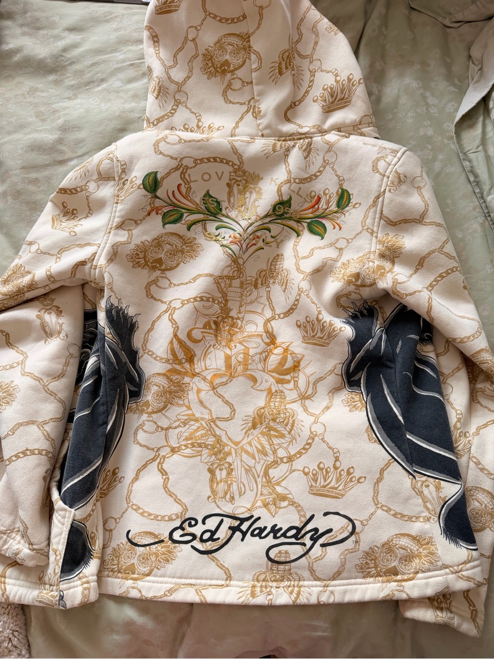 Women’s Cream Zip-Up Hoodie Jacket with Embroidered Bird Detail - Picture 2 of 2